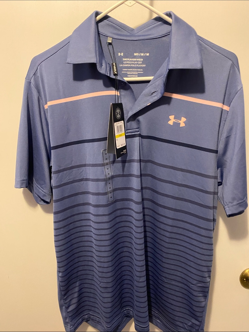 Under Armour Lavender-Blue Striped Performance Polo with Pink Logo